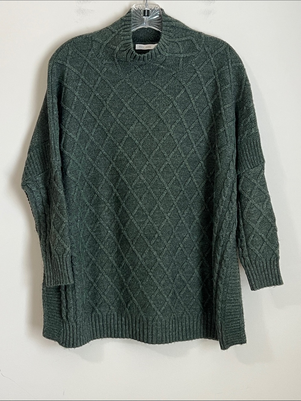 Mersea Cable Knit Oversized Sweater Mock Neck OS Hunter Green